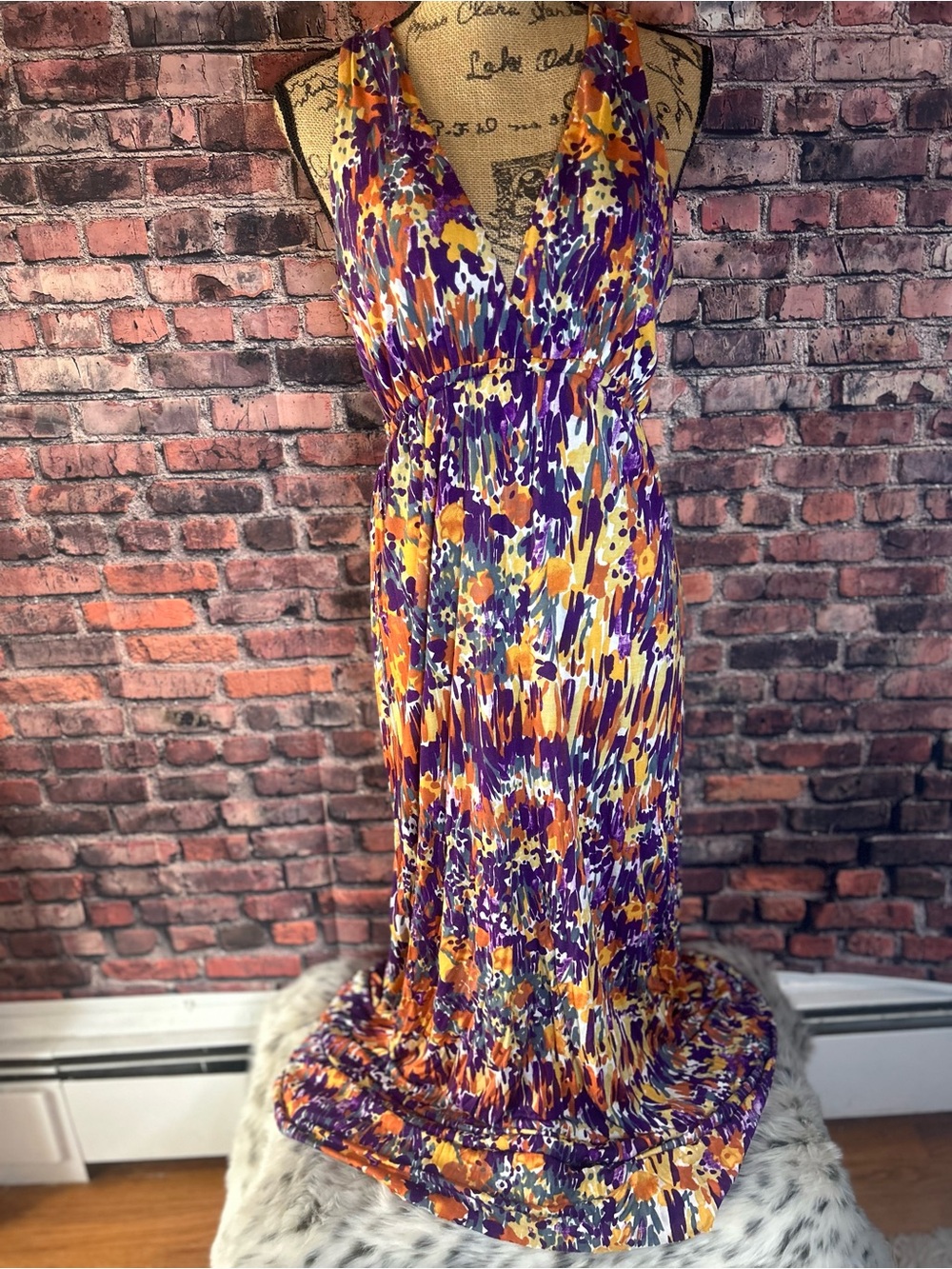 Matty M Purple and Orange Floral Halter Maxi Dress